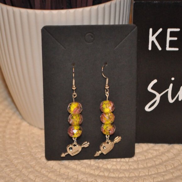 Iridescent Gold and Pink Drop Earrings with Heart Charm - Picture 2 of 3